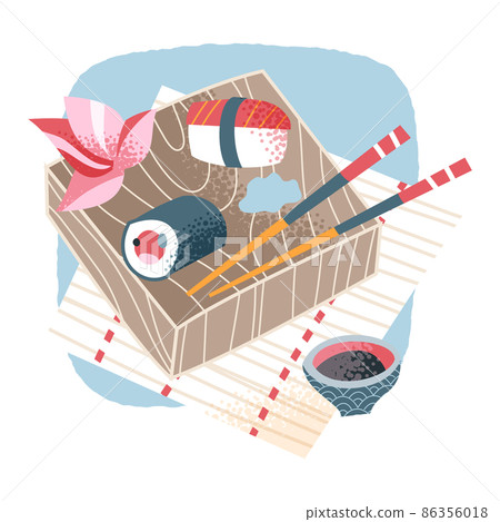 Japanese sushi, traditional Japan cuisine, food box and chopsticks, Asian restaurant menu Japanese sushi, traditional Japan cuisine, food box and chopsticks, Asian restaurant menu 86356018