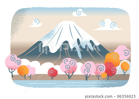 Mount Fuji and sakura blossom in Japan, Japanese symbol, cute mountain landscape 86356023