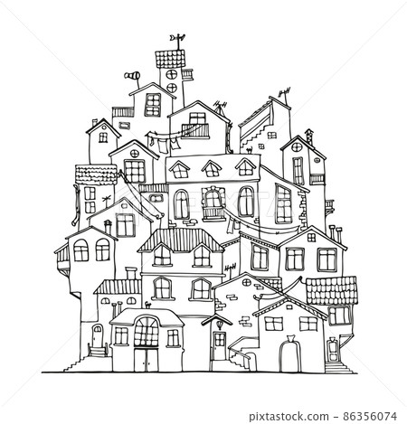 Doodle house hand drawn in black and white. Scandinavian cartoon ink houses. Vector Illustration. Doodle house hand drawn in black and white. Scandinavian cartoon ink houses. Vector Illustration. 86356074
