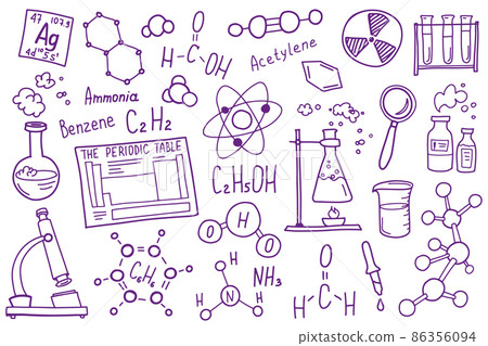 Chemistry symbols icon set. Science subject doodle design. Education and study concept. Back to school sketchy background for notebook, not pad, sketchbook. Chemistry symbols icon set. Science subject doodle design. Education and study concept. Back to school sketchy background for notebook, not pad, sketchbook. 86356094