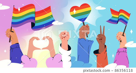 Flat hands holding rainbow flags symbol of LGBT Flat hands holding rainbow flags symbol of LGBT 86356118