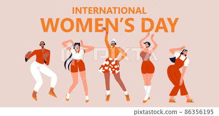 International womens day. Set of diverse modern young woman dancing from joy and fun. Flat vector illustration. Vector illustration in flat style for banner, social networks. Eps 10. International womens day. Set of diverse modern young woman dancing from joy and fun. Flat vector illustration. Vector illustration in flat style for banner, social networks. Eps 10. 86356195