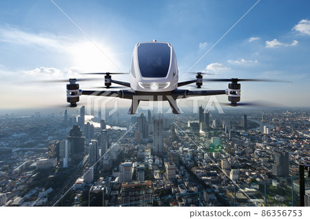 Autonomous driverless aerial vehicle flying on city background, Future transportation with 5G technology concept 86356753