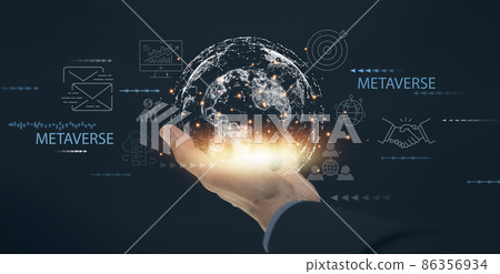New metaverse with icon business concept,Business hand holding a virtual globe with financial icons future technology, business goals, online communication,graph Screen Icon of a media screen,big data 86356934
