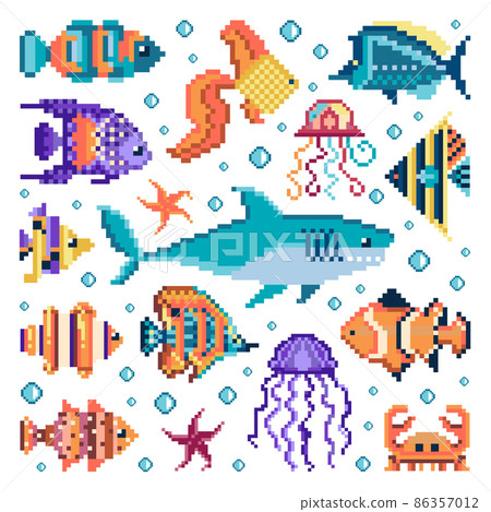 Pixel Art Fishes and Sea Animals Set 86357012