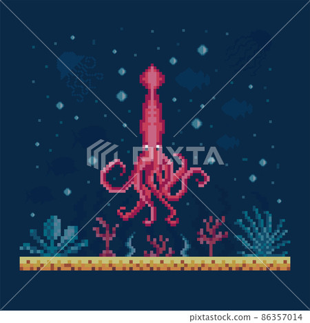 Pixel Art Squid on Seabed Landscape Pixel Art Squid on Seabed Landscape 86357014