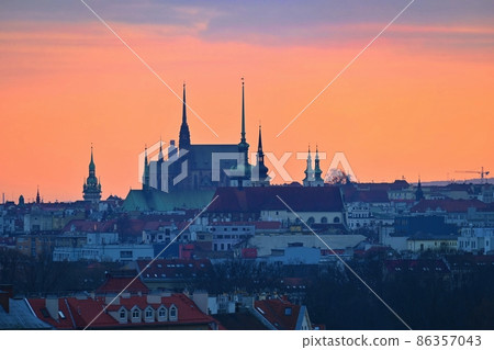 Brno city in the Czech Republic. Europe.Petrov - Cathedral of Saints Peter and Paul. Beautiful old architecture and a popular tourist destination. Landscape in sunset. 86357043