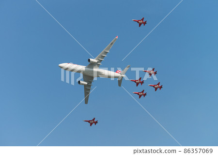 Swissair Airbus A330 and Swiss Air Force Patroille-Swiss formation flight Swissair Airbus A330 and Swiss Air Force Patroille-Swiss formation flight 86357069