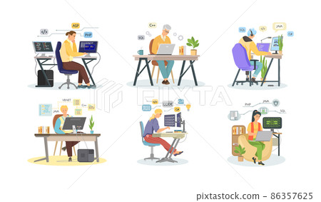 Programmer engineering and coding. Programmer working on web development on computers Programmer engineering and coding. Programmer working on web development on computers 86357625