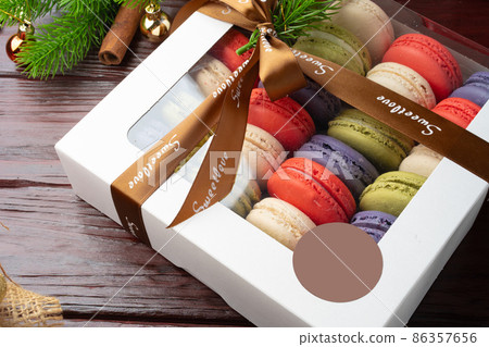 Beautiful colorful set of macarons on Christmas background 86357656