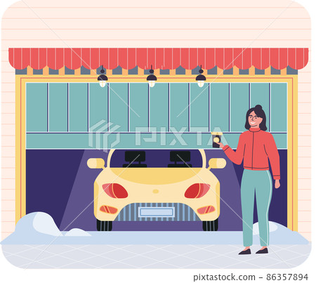 Woman stands near garage with opening door. Place for automobile, vehicle parking, room with car 86357894