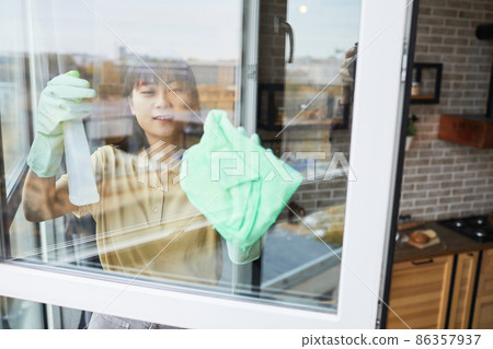 Woman Cleaning Windows at Home 86357937