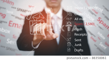 Email concept with laptop spam and virus computer monitor internet security concept, Businessman touch bin mail with a laptop. Spam, junk and e-marketing on screen, Spam Email Pop-up Warning. Email concept with laptop spam and virus computer monitor internet security concept, Businessman touch bin mail with a laptop. Spam, junk and e-marketing on screen, Spam Email Pop-up Warning. 86358061