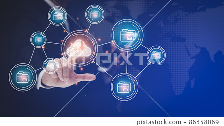 Businessman touching a cloud networking concept and touch screen with hand connection line on the black background, Cloud computing is system for sharing download and upload big data information, 86358069