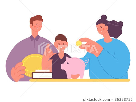 Investment in education. Parents with child, adults save money to educate in college. Financial literacy for kids. Boy with piggy bank, vector scene 86358735