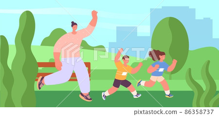 Family jogging in city park. Children and mother running outdoor, summer workout on nature. Boy and girl training, healthy lifestyle vector illustration Family jogging in city park. Children and mother running outdoor, summer workout on nature. Boy and girl training, healthy lifestyle vector illustration 86358737