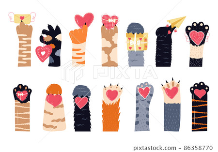 Heart and cats paw vector set. Pet feet in hand drawn style. Legs of domestic animals. Heart and cats paw vector set. Pet feet in hand drawn style. Legs of domestic animals. 86358770