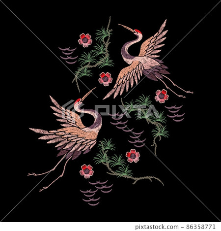 Crane embroidery. Bird heron, japanese cranes and oriental floral elements. Asian ornament silk stitch. Japanese design patch, nowaday vector pattern 86358771