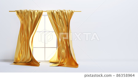 Glass window with luxury curtains of gold silk fabric, hanging on cornice. Realistic interior of empty room with white wall and floor, 3d render. Flowing satin cloth, glossy material in blowing wind 86358964