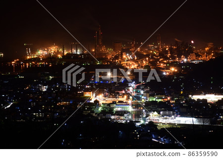 Night view centered on the Fukuyama area of JFE Steel West Japan Works as seen from the Ryuo Shrine Observatory in Fukuyama City, Hiroshima Prefecture 86359590