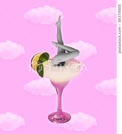 Contemporary art collage, modern design. Party mood. Slender female legs stick out of cocktail glass isolated on light background Contemporary art collage, modern design. Party mood. Slender female legs stick out of cocktail glass isolated on light background 86359808