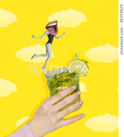 Young slim girl jumping in mojito cocktail glass isolated on yellow background. Conceptual, contemporary bright art collage. Surrealism Young slim girl jumping in mojito cocktail glass isolated on yellow background. Conceptual, contemporary bright art collage. Surrealism 86359829