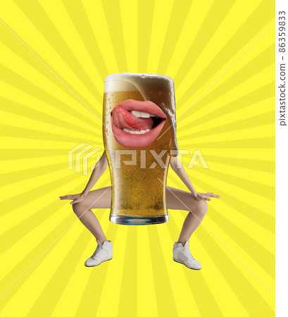 Contemporary art collage, modern design. Beer festival. Big beer glass with human legs, hands and mouth isolated on yellow background. Surrealism Contemporary art collage, modern design. Beer festival. Big beer glass with human legs, hands and mouth isolated on yellow background. Surrealism 86359833
