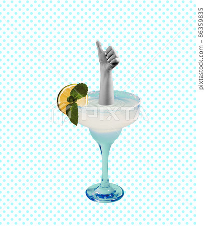 Contemporary art collage, modern design. Party mood. Female hand stick out of cocktail glass and gesturing isolated on light background Contemporary art collage, modern design. Party mood. Female hand stick out of cocktail glass and gesturing isolated on light background 86359835