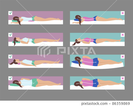 Sleeping poses. Bad and correct anatomy for laying on couch body position on mattress medical infographics recent vector flat illustrations 86359869