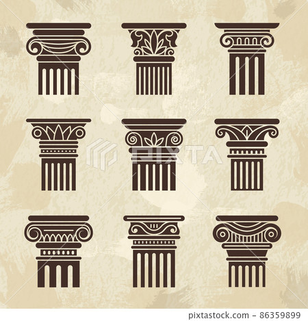 Antique columns. Ancient architecture museum exhibition pillars greek ornate columns recent vector stylized icons collection 86359899