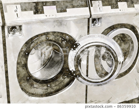 Illustration Sketch of a row of industrial washing machines in a public laundromat 86359910