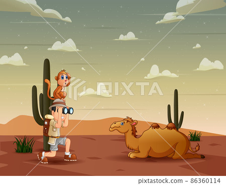 The explorer boy with binocular in the desert 86360114