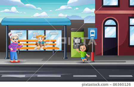 Happy people at the bus stop illustration 86360126