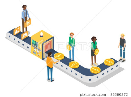 NFT minting. Conveyor belt turning digital art into crypto collectibles on Ethereum blockchain, vector illustration. NFT minting. Conveyor belt turning digital art into crypto collectibles on Ethereum blockchain, vector illustration. 86360272