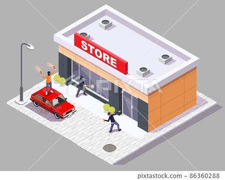 Street hooligans, burglars, vandals damaging store showcase and car, vector isometric illustration. Vandalism, looting. 86360288