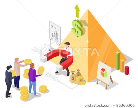 Ponzi scheme, financial pyramid, fraud investment scam, vector isometric illustration. MLM, multi-level marketing. Ponzi scheme, financial pyramid, fraud investment scam, vector isometric illustration. MLM, multi-level marketing. 86360306