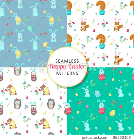 Easter seamless pattern set. Spring childish background, wallpaper with cute animals, eggs, flowers, vector illustration Easter seamless pattern set. Spring childish background, wallpaper with cute animals, eggs, flowers, vector illustration 86360308