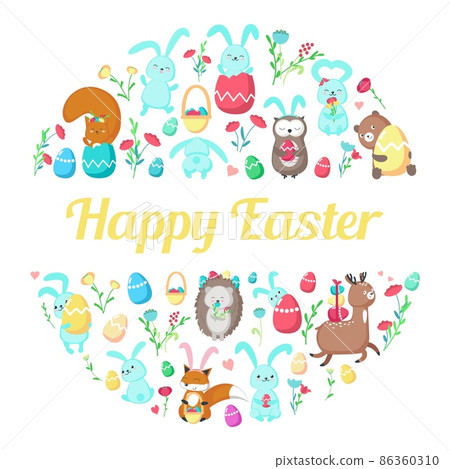 Happy Easter greeting card template with cute animals, Easter eggs, spring flowers, hearts, flat vector illustration. 86360310