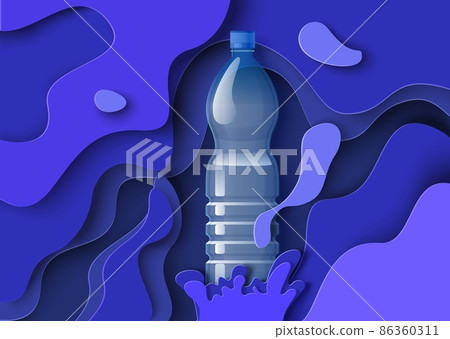 Pure drink water poster template. Realistic plastic bottle, paper cut liquid splashes, vector illustration. Pure drink water poster template. Realistic plastic bottle, paper cut liquid splashes, vector illustration. 86360311