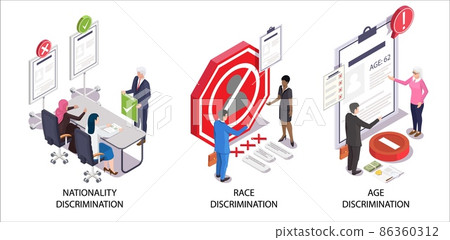 Employment discrimination scene set, vector isometric illustration. Nationality, race and age discrimination. 86360312