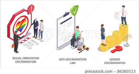 Employment discrimination set, vector isometric illustration. Sexual orientation and gender discrimination in workplace. 86360313