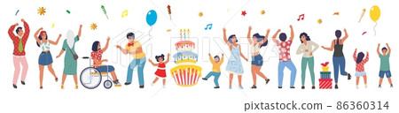 Dancing people celebrating birthday party and having fun, flat vector isolated illustration. Dancing people celebrating birthday party and having fun, flat vector isolated illustration. 86360314