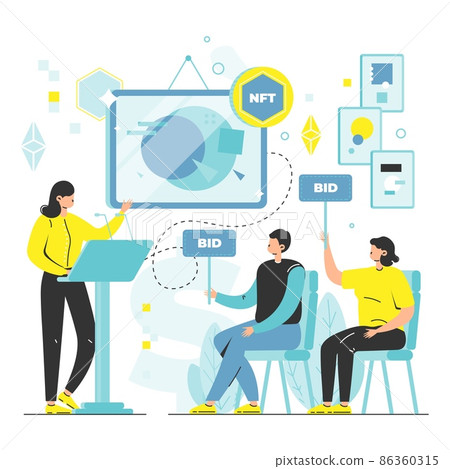 NFT crypto art auction, flat vector illustration. Non fungible token, blockchain NFT marketplace. 86360315