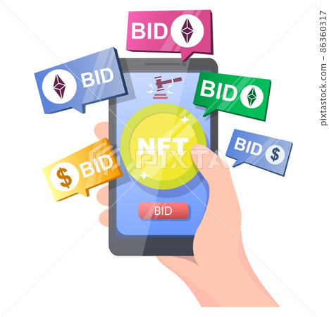 NFT crypto art auction, vector illustration. Non fungible token. Digital art marketplace. Online mobile bidding. 86360317