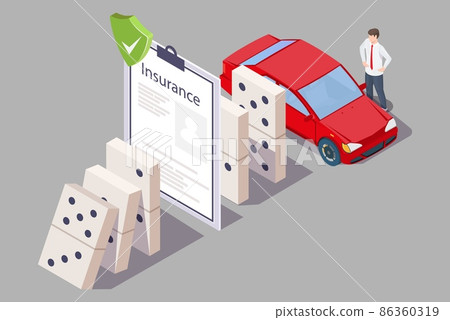 Car insurance policy stopping domino effect, vector isometric illustration. Auto safety and protection. Car insurance policy stopping domino effect, vector isometric illustration. Auto safety and protection. 86360319