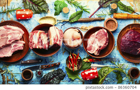 Slice raw meat set,top view Slice raw meat set,top view 86360704