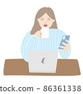 Female 1 who uses a smartphone while drinking coffee during work, breaks Female 1 who uses a smartphone while drinking coffee during work, breaks 86361338