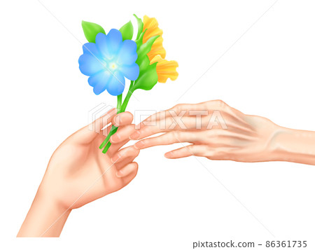 老人左手（孫子和祖母）從孩子的左手接受鮮花 86361735