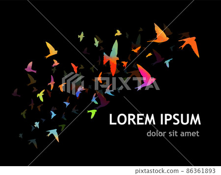 Multi-colored birds on a black background . A flock of flying rainbow birds. Vector illustration Multi-colored birds on a black background . A flock of flying rainbow birds. Vector illustration 86361893
