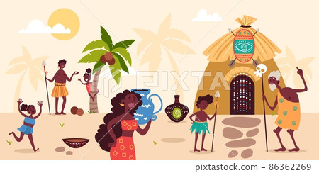Tribe african people. Cute family. Happy parents, children and grandfather in national clothes, landscape with hut and palm trees, household ethnic tool, vector cartoon isolated concept 86362269
